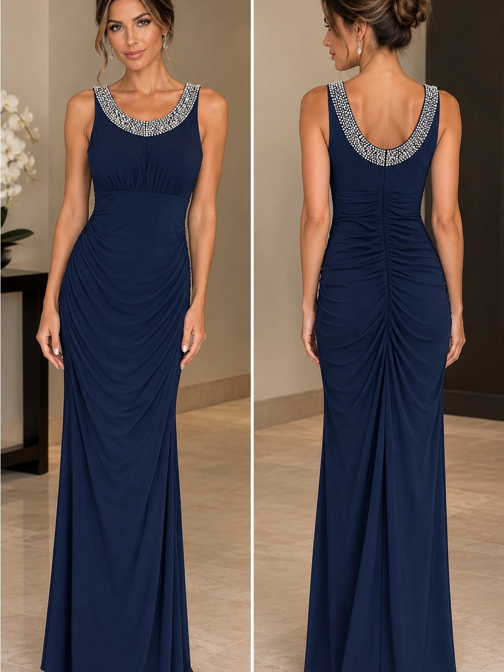 Cachet Navy Embellished Scoop-Neck Maxi Dress